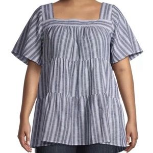 Terra and Sky Square Neck Fluttered Sleeves Blue Striped 0X (14) NEW